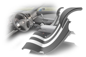 ComfortSpan-UX automotive commercial upholstery fabric in gray-scale format set in car interior.